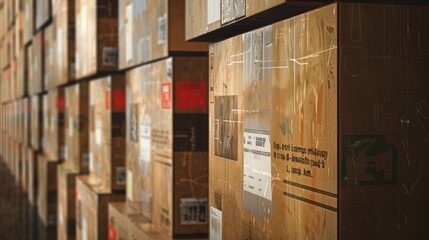New, clean cardboard boxes in a row with text and stamps on them, in a postal warehouse. Photorealistic.