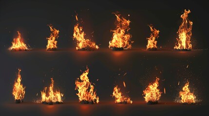 A set of 10 photorealistic fire images on a black background.