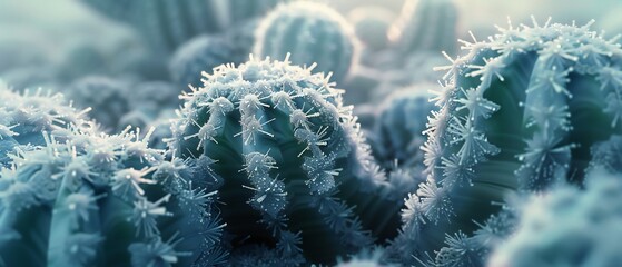 Frostbitten Succulence: The cactus wears a cloak of frost, its icy tendrils weaving a chilling tale. - obrazy, fototapety, plakaty