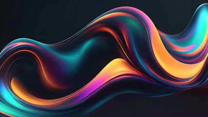 Abstract liquid glass holographic iridescent neon curved wave in motion dark background 3d render. Gradient design element for banners, backgrounds, wallpapers and covers.