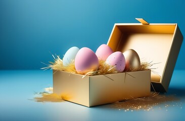 Easter eggs in a box on a blue background greeting card