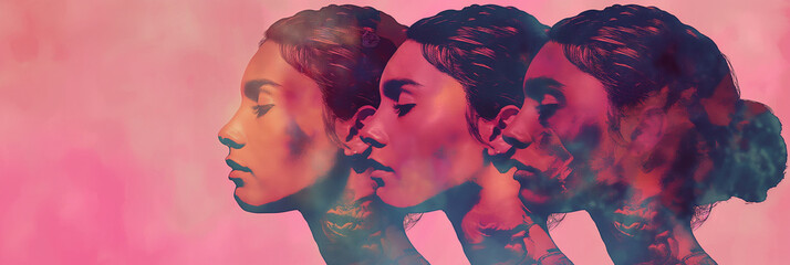 Contemporary Women's Day Tribute: Multiple Silhouettes of Women's Profiles Blending with Vibrant Pink Hues, Celebrating Diversity and Femininity. - obrazy, fototapety, plakaty