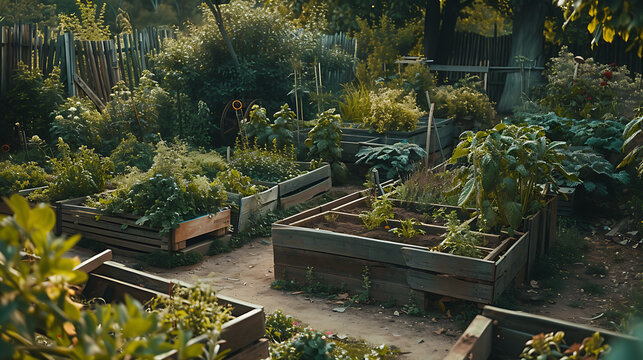 A snapshot of a wooden garden filled with beds of plants, herbs, and vegetables, surrounded by the tranquility of the countryside.