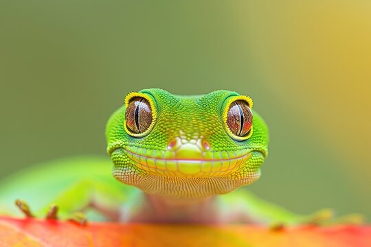 green frog. Cute frog face.  Macro photography.. The gaze of a waterfowl, a wild beast. Close-up.