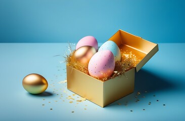 Easter eggs in a box on a blue background greeting card
