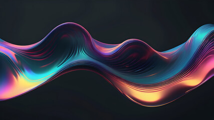 Abstract liquid glass holographic iridescent neon curved wave in motion dark background 3d render. Gradient design element for banners, backgrounds, wallpapers and covers. - obrazy, fototapety, plakaty