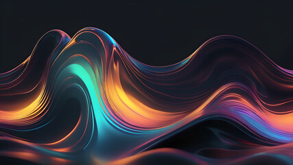 Abstract liquid glass holographic iridescent neon curved wave in motion dark background 3d render. Gradient design element for banners, backgrounds, wallpapers and covers. - obrazy, fototapety, plakaty