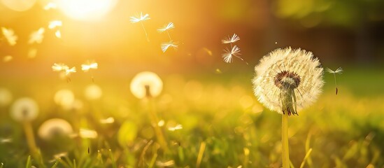 Dandelion flower in field at sunset, wish to freedom