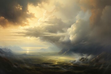 Fototapeta premium Nimbostratus clouds enveloping a landscape in soft, diffused light