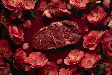 Raw beef steak among a huge number of red flowers. Top view. Food background. Vibrant red. Raw meat.