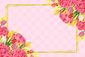 薔薇とチューリップとミモザの花束　ブーケ　背景素材　和柄　市松模様　伝統文様　お祝い　入学　卒業　入社　メッセージカード　和風　おしゃれ　エレガント