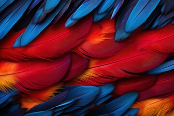 Fototapeta premium Parrot feather featuring vibrant reds, blues, and yellows in detail