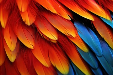 Parrot feather featuring vibrant reds, blues, and yellows in detail