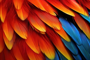 Fototapeta premium Parrot feather featuring vibrant reds, blues, and yellows in detail