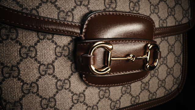 February 2024 - Milan, Italy. Horsebit 1955 Gucci bag, brand label logo. Handbag with monogram pattern in canvas. Luxury fashion italian company.