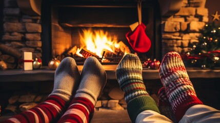 The couple is lying in wool socks, relaxing, warming themselves by the warm fireplace. The concept of winter and Christmas holidays, Travel, Cozy Vacations. - obrazy, fototapety, plakaty