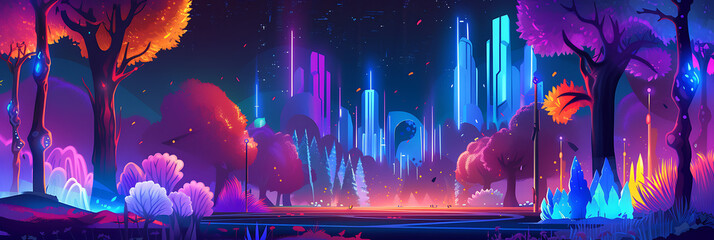 A vibrant illustration of a city park at night, where trees and plants glow with neon colors, creating a fantastical landscape