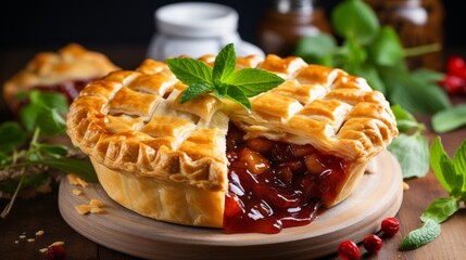 Delicious steak and ale pie, a british classic on defocused white kitchen background with copy space
