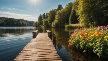 Foto auf Acrylglas A wooden pier on the lake in a beautiful summer garden with flowers. Nature backgrounds, for photo manipulation, product display background © i7 Binno