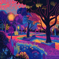 Foto op Plexiglas A vibrant illustration of a city park at night, where trees and plants glow with neon colors, creating a fantastical landscape © simo