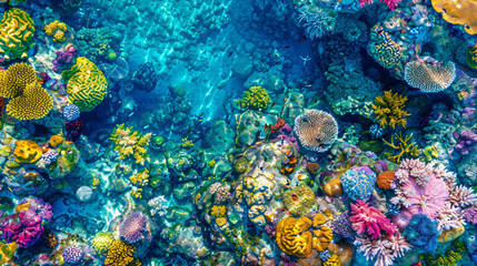 An overhead shot of a coral reef nestled in crystal-clear waters displaying a kaleidoscope of marine life. - obrazy, fototapety, plakaty