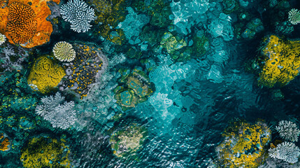 An overhead shot of a coral reef nestled in crystal-clear waters displaying a kaleidoscope of marine life.
