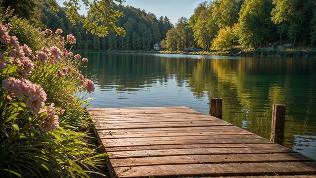 A wooden pier on the lake in a beautiful summer garden with flowers. Nature backgrounds, for photo manipulation, product display background