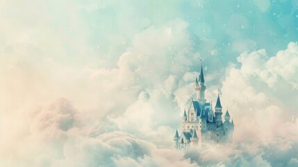 Fototapeta premium Dreamy scene of a fantastical castle floating high above the earth, nestled among soft, fluffy clouds in a serene sky.