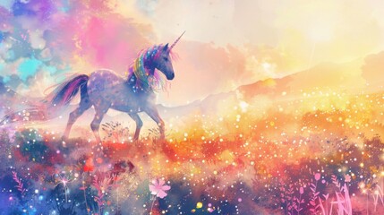 A majestic unicorn gallops freely across a field bursting with vibrant colors and sparkling lights, capturing the essence of a magical world.