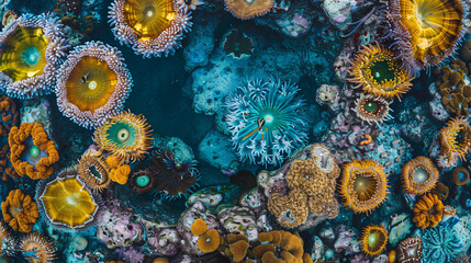An overhead shot of a coral reef nestled in crystal-clear waters displaying a kaleidoscope of marine life.
