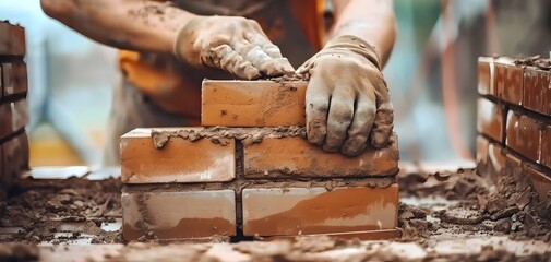 professional construction worker laying bricks and building barbecue in industrial site. Detail of hand adjusting bricks
