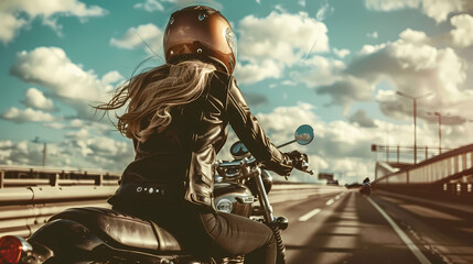 Fototapeta premium Female Motorcyclist Riding on Sunny Highway