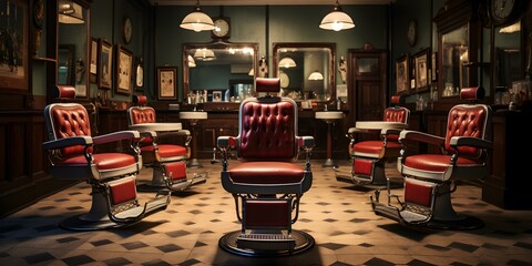 Old-School Barber Shop with Vintage Chairs and Nostalgic Decor. Concept Old-School, Barber Shop, Vintage Chairs, Nostalgic Decor