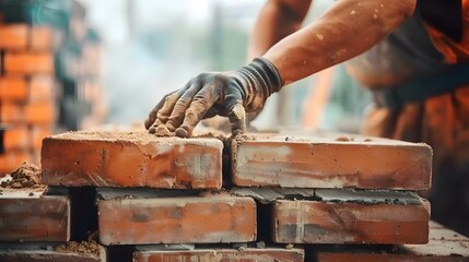 professional construction worker laying bricks and building barbecue in industrial site. Detail of hand adjusting bricks - obrazy, fototapety, plakaty
