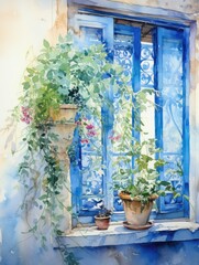 Window With Blue Shutters and Potted Plants. Printable Wall Art.