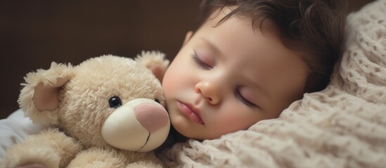 Infant peacefully resting with plush toy companion.