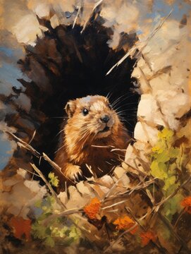Beaver Peeking Out of Hole. Printable Wall Art.
