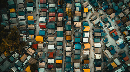 An overhead shot of a crowded refugee camp with tents tightly packed together illustrating the urgent need for shelter and aid. - obrazy, fototapety, plakaty