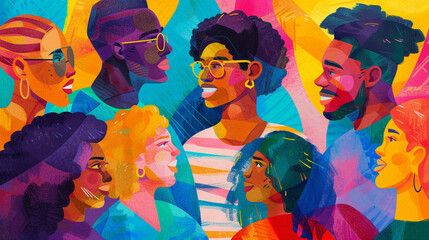 A vibrant illustration depicting diverse individuals coming together in a neighborhood meeting, discussing community care initiatives and support programs - obrazy, fototapety, plakaty