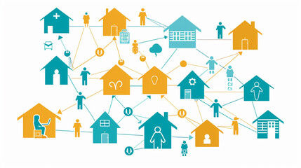 A graphic representing the interconnectedness of community care, with arrows symbolizing the flow of support and resources among residents and local organizations - obrazy, fototapety, plakaty