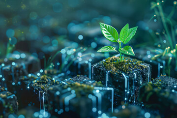 A young plant sprouts from a digital cube, merging nature with technology, symbolizing eco-innovation and green tech. - obrazy, fototapety, plakaty
