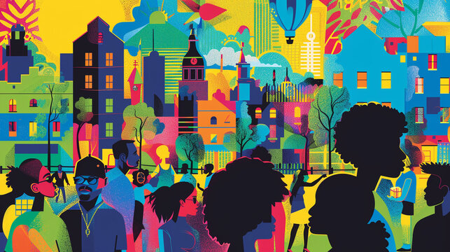 A vibrant illustration depicting diverse individuals coming together in a neighborhood meeting, discussing community care initiatives and support programs