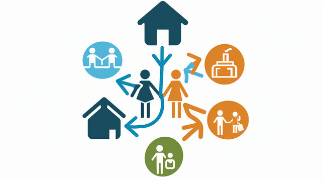 A graphic representing the interconnectedness of community care, with arrows symbolizing the flow of support and resources among residents and local organizations
