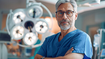 Experienced male surgeon in scrubs standing confidently in the operating room, ready for a procedure.
