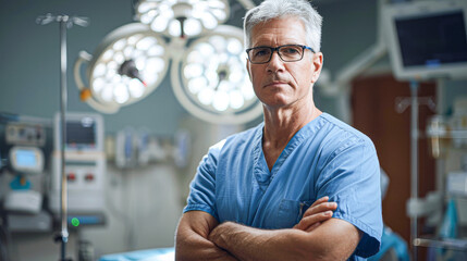 Experienced male surgeon in scrubs standing confidently in the operating room, ready for a procedure.