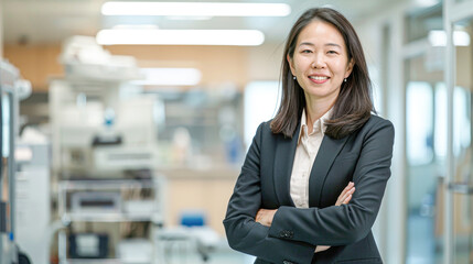 Confident female healthcare executive standing in a hospital with medical equipment in the background.
