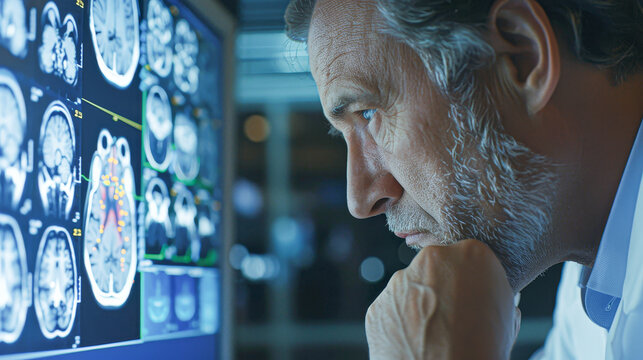 Concerned senior medical professional analyzing brain scan images, depicting focus and expertise in neurological health.