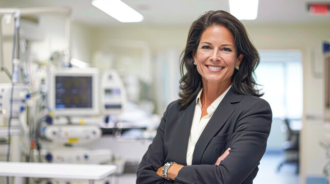 Confident female healthcare executive standing in a hospital with medical equipment in the background.