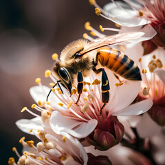 A close-up of a bee pollinating a flower
