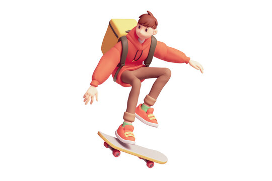 Young cute excited funny smiling active guy in fashion red hoodie, brown jeans, yellow thermal backpack delivers pizza jump up floats in air on skateboard have fun joy. 3d render isolated transparent.